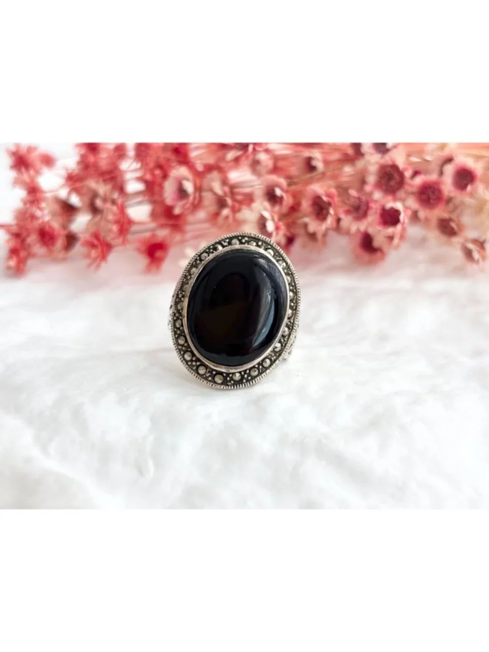 Black Onyx & Marcasite Art Deco Cutout Sterling Silver 925 Vintage Ring - sz 8